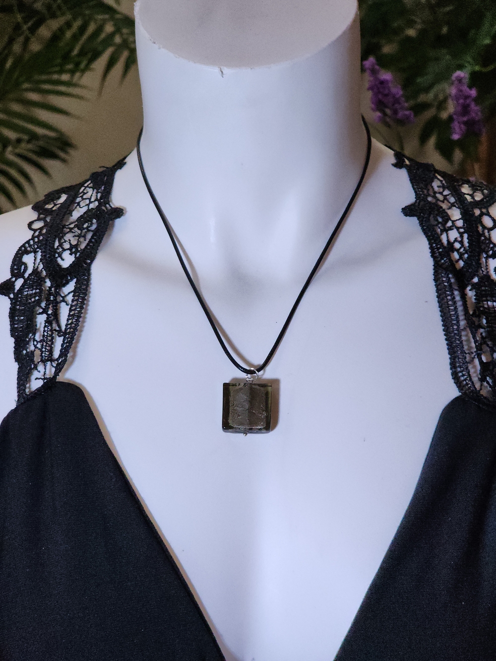 Minimalist Square Pyrite Pendant Necklace in Black And Metallic Gray